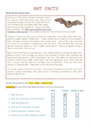 English Worksheet: Bat Facts Reading Comprehension - Halloween