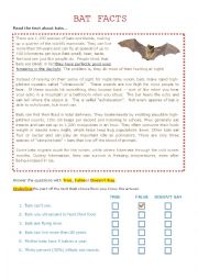 English Worksheet: Bat Facts Reading Comprehension - Halloween