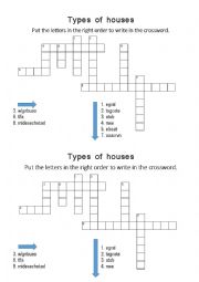 English Worksheet: Crosswords + jumbled words - types of houses