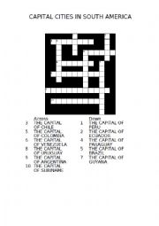 English Worksheet: CROSSWORD - CAPITAL CITIES IN SOUTH AMERICA + KEY