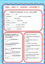 English Worksheet: can, cant, could couldnt
