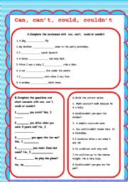 English Worksheet: can, cant, could couldnt