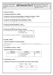 English Worksheet: Mid-Semester Test N1 (4th form arts)