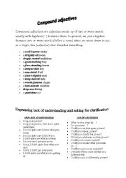 English Worksheet: compound adjectives + expressing lack of understanding / asking for clarification