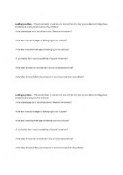 English Worksheet: Guiding Questions About Having Two Cultures