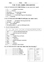 English Worksheet: Be, have, word questions, numbers review