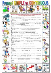 PRESENT SIMPLE VS CONTINUOUS -  Pictionary + Exercises + KEY