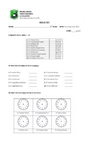 English Worksheet: 6th grade the time test