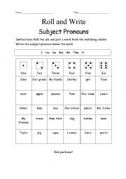 English Worksheet: Roll and Write Subject Pronouns