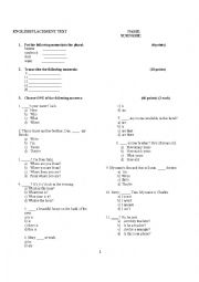 English Worksheet: Placement test (Beginner-Elementary)