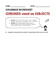English Worksheet: Gerunds used as subjective