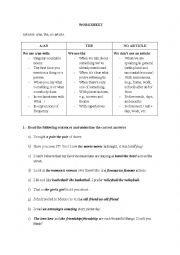 English Worksheet: Articles: a/an, the, no article.