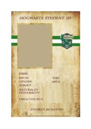 English Worksheet: Harry Potter Student Card - Slytherin