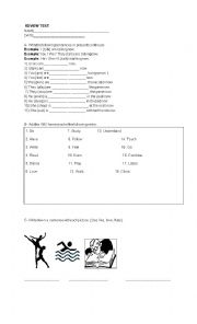 English Worksheet: review test, present continuos, likes and dislikes