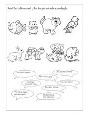 English Worksheet: Read and color the pets