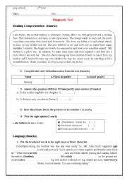 English Worksheet: diagnostic test reading, grammar and writing 9 year