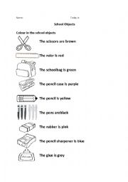 English Worksheet: School Objects and Colour