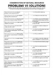 English Worksheet: Conservation of Natural Resources Problems vs Solutions