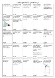 English Worksheet: Getting to know you bingo