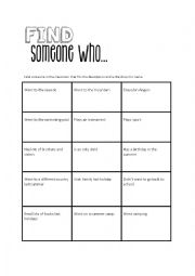English Worksheet: back to school Ice breaker  find someone who