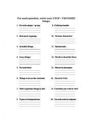 English Worksheet: Students Top 5 Survey