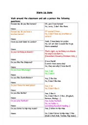 English Worksheet: Warm up Game 