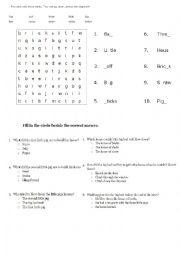 English Worksheet: Word search Three Little Pigs and comprehension