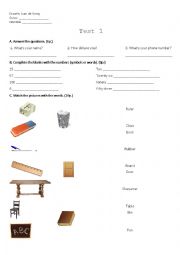 English Worksheet: Test about personal questions, school objects, colours, numbers, this/that