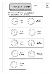 English Worksheet: What time does he ______? (Daily Routine Information Gap Activity)