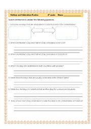 English Worksheet: Holidays and celebrations