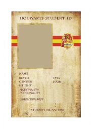 English Worksheet: Harry Potter - Gryffindor student card