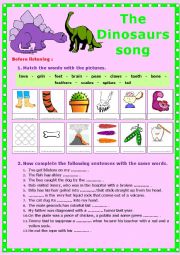 English Worksheet: The Dinosaurs song. Listening + video link + ex + KEY.