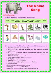 English Worksheet: The Rhino Song. Listening + Link + KEY