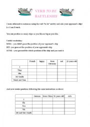 English Worksheet: Battleship - verb to be