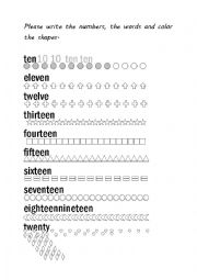 English Worksheet: Writing numbers 10-20 with coloring