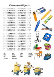 English Worksheet: Classroom Objects Word Search