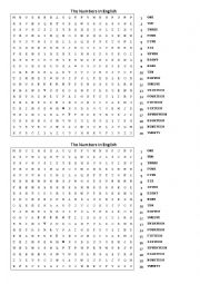 Wordsearch of numbers in English