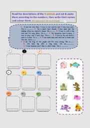 English Worksheet:  Animals Clipart-Descriptions, Cut & Paste, Write and Colour