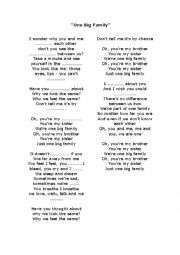 English Worksheet: Song one big family