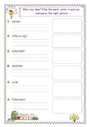 English Worksheet: School objects for young learners unscramble, cut-and-paste