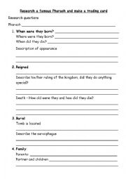 English Worksheet: Pharaoh Trading Card