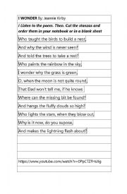 English Worksheet: I wonder (poem) 