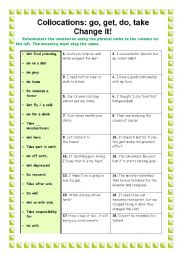 English Worksheet: Collocations with GO, GET, DO, TAKE 