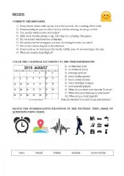 English Worksheet: Review about Simple Present, Present Continuous, Time Expressions, Interrogative Pronouns