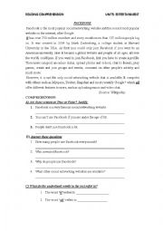 English Worksheet: FACEBOOK:  READING COMPREHENSION                                                        