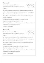English Worksheet: The Continents - Reading + Comprehension questions 