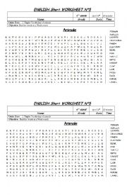 English Worksheet: Animals Word Search