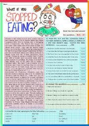 English Worksheet: What if you stopped eating? READING + KEY 
