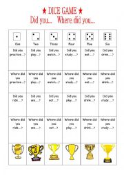 English Worksheet: WHERE DID YOU....? DICE GAME
