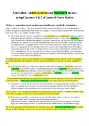 Semicolon and Independent/Dependent Clauses using Chapter 1 &2 of Anne of Green Gables